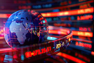 A vibrant image of a market ticker wrapped around a globe representing global investments and economies - obrazy, fototapety, plakaty