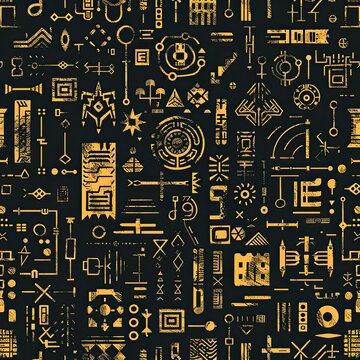 A seamless pattern of futuristic glyphs and symbols suggesting an alien language or code