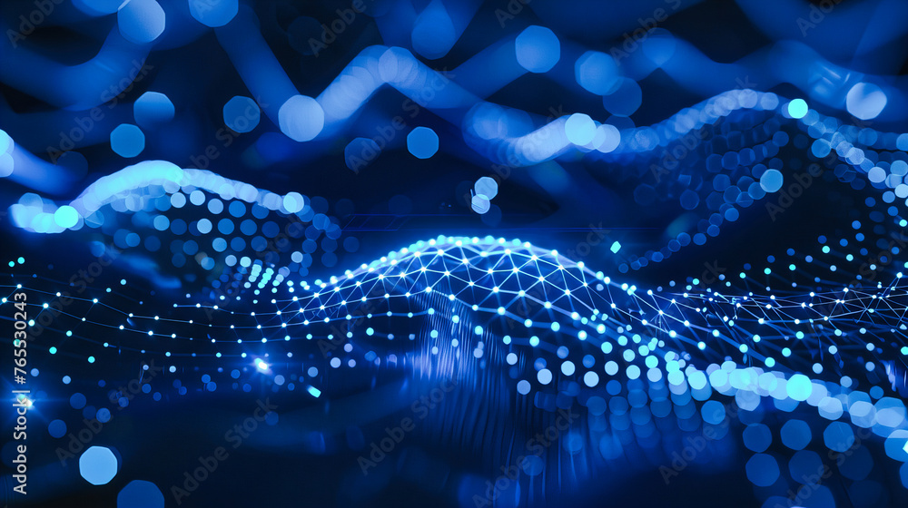 Poster abstract science and technology background with a futuristic blue wave, symbolizing data flow, digit