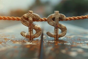 A conceptual image of a dollar sign and a euro symbol in a tug of war illustrating currency strength battles - obrazy, fototapety, plakaty