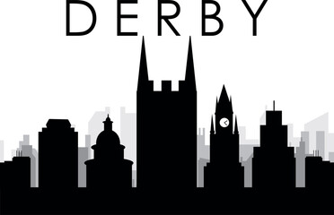 Black cityscape skyline panorama with gray misty city buildings background of DERBY, UNITED KINGDOM