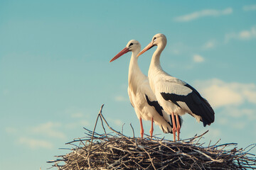 a couple of   storks are standing in a nest.AI generated