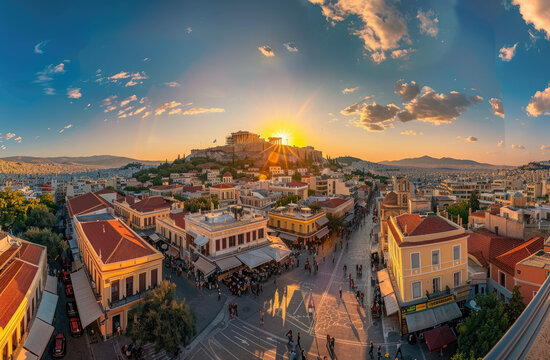 Fototapeta A panoramic view of the cityscape with iconic landmarks like Acropolis hill in the background, colorful buildings and bustling streets below