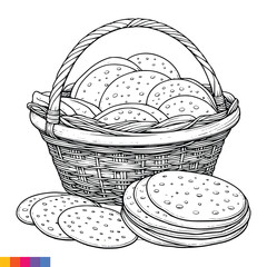Bakery basket. Bakery food hand drawn line art illustration for the coloring book. Food line art for a coloring page. Vintage sketch vector graphics.