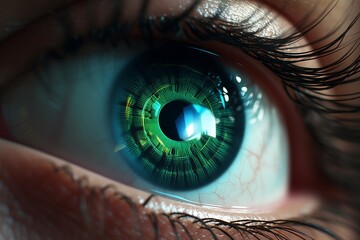 Detailed close-up showing the intricate green eye patterns and textures in humans - obrazy, fototapety, plakaty