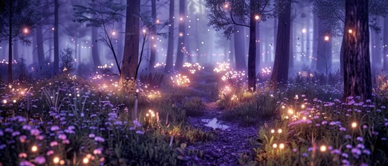  A forest filled with numerous purple flowers and illuminated by fairy lights
