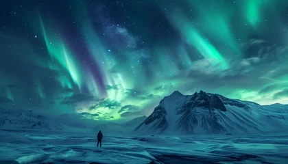 Foto auf Glas aurora borealis over the mountains © cheena