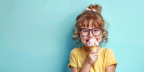 Ice cream cute kid with ice lolly. Copy space for text. Generative AI