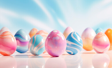 Fototapeta na wymiar 3D visualization, volumetric illustration of Easter eggs on a light background with copy space. Happy Easter! Easter holiday concept. Glossy painted artificial eggs. Minimal Easter concept