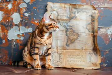 Domestic Bengal Cat Sitting in Front of a Vintage World Map on a Rustic Background