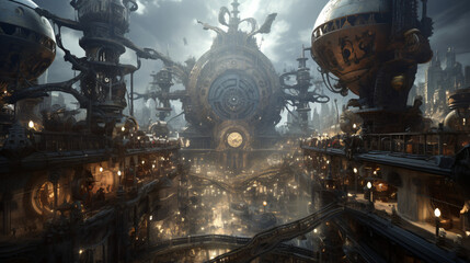 A steampunk metropolis filled with brass machinery