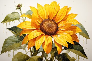 Watercolor of sunflower wet painting on white background
