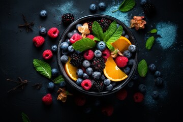 Top view plate with fresh juicy berries and ripe fruits. Healthy eating and nutrition concept - obrazy, fototapety, plakaty