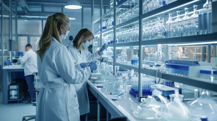 Two female scientists conducting research in a well-equipped, modern laboratory with shelves of chemical reagents.