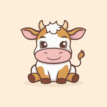 A cartoon cow with a happy face and a brown background.