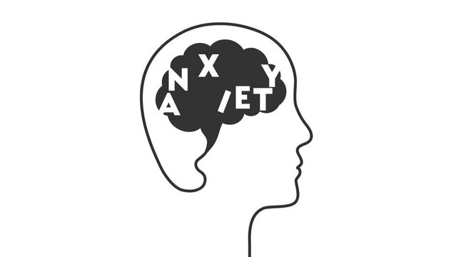 Animation with brain and anxiety as a state of mind concept. Letters and word coming together inside the human brain silhouette, head and face outline.