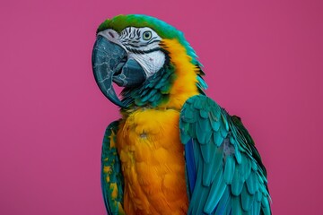 Fototapeta premium Vibrant Blue and Yellow Macaw Parrot Posing Against a Pink Background Wildlife Photography