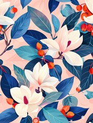 Pink background showcasing white flowers and blue leaves