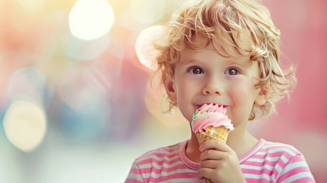 Ice cream cute kid with ice lolly. Copy space for text. Generative AI