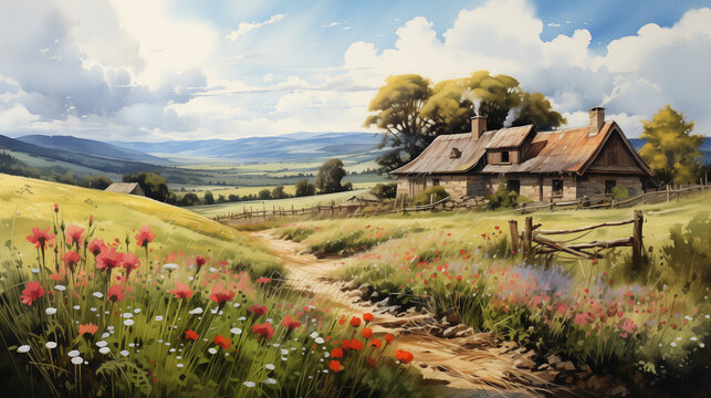Watercolor illustration of rustic cottage surrounded by blooming wildflowers with a picturesque countryside backdrop and a sunny blue sky.