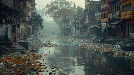 A river choked with pollution and floating debris flows through an old, misty urban street.