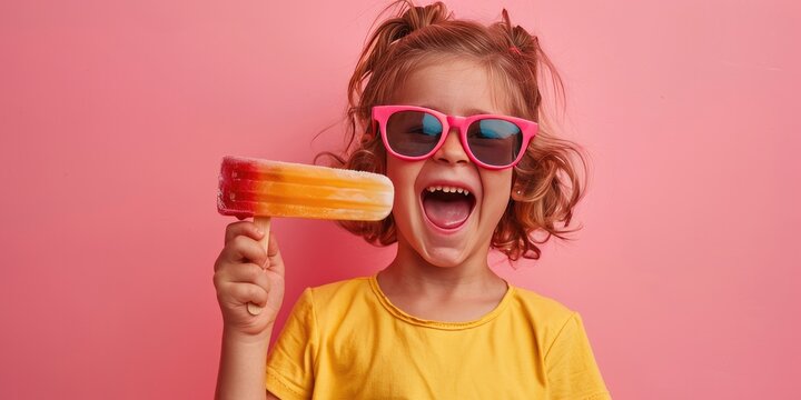 Ice cream cute kid with ice lolly. Copy space for text. Generative AI