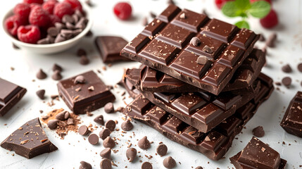 Stacks of dark chocolate bars with chocolate chips, raspberry and pieces of chocolate on white...
