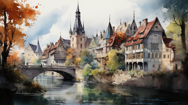 Watercolor illustration of a medieval village, with half-timbered houses and a stone bridge over a gentle river, evoking a sense of history and tranquility.