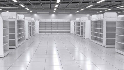 Supermarket interior mockup with aisle between rows of empty racks. 3d illustration