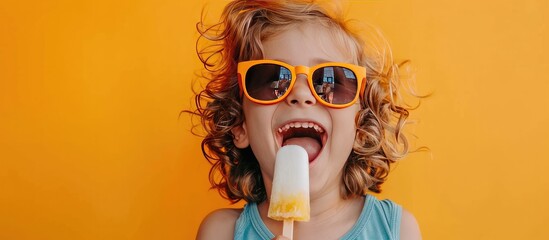 Ice cream cute kid with ice lolly. Copy space for text. Generative AI - obrazy, fototapety, plakaty