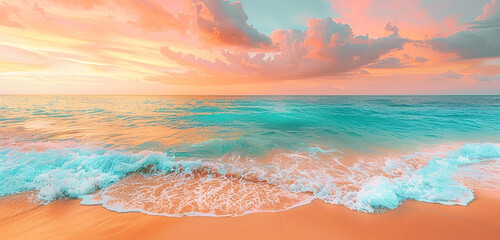 A tropical beach scene captured in vivid chromatic tones, with turquoise waters lapping against golden sands under a sky painted with hues of pink and orange - obrazy, fototapety, plakaty