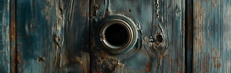 an ancient peephole in old wooden door  - obrazy, fototapety, plakaty