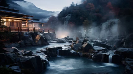 Gartenposter Nordlichter A traditional Japanese onsen nestled in the mountains