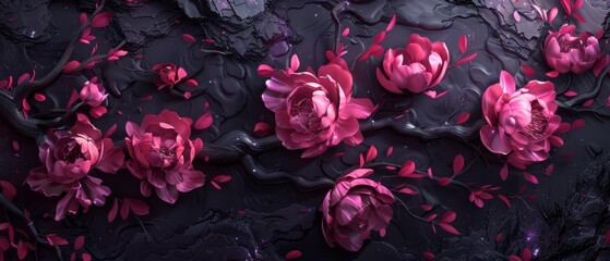 A floral arrangement floating above a water surface with a dark background wall