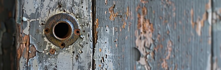 an ancient peephole in old wooden door 