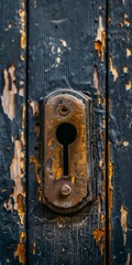 a close up of a old rusty key hole 