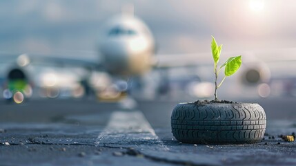 Aviation and Environment: Young Plant Growing at Airport Symbolizing Sustainable Travel Initiatives - AI generated