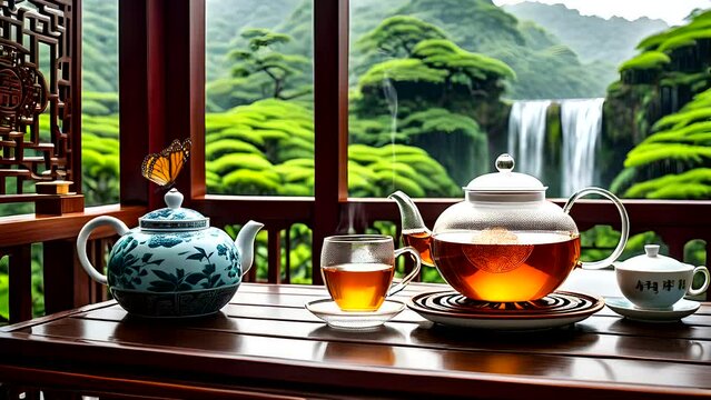 Teapot and teacup on the table with waterfalls backdrop. Seamless looping time-lapse 4k video animation background
