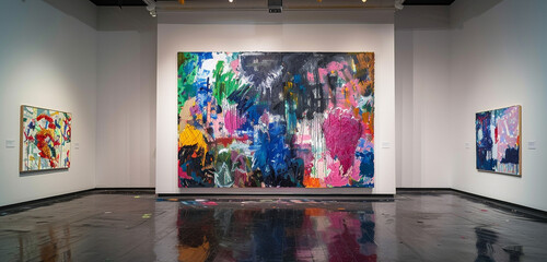 An abstract painting on display in a gallery, featuring bold brushstrokes and a kaleidoscope of chromatic colors that mesmerize the viewer with their vibrancy