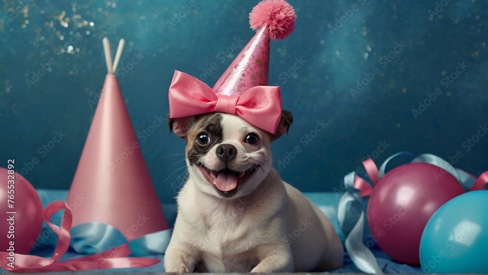 Wall mural dog with birthday cap on blue isolated background