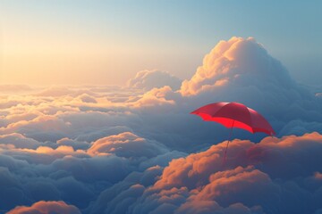 a red umbrella flying above clouds