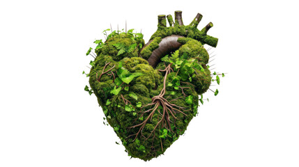 Green heart tree on white background surrounded by herbs and leaves, representing fresh, healthy nature