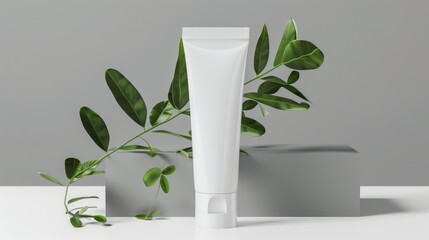 Mockup Organic Skincare Product Presentation with Blank Cosmetic Tube and Natural Greenery complemented by fresh green leaves and delicate flowers - AI generated - obrazy, fototapety, plakaty
