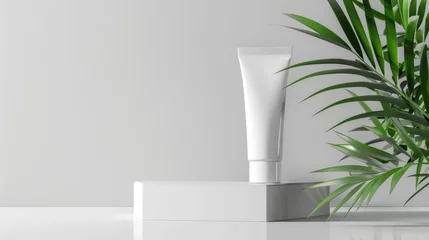 Deurstickers Mockup Organic Skincare Product Presentation with Blank Cosmetic Tube and Natural Greenery complemented by fresh green leaves and delicate flowers - AI generated © qntn