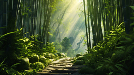 A tranquil bamboo forest with sunlight filtering 