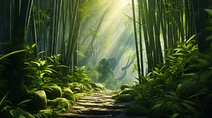 Rolgordijnen A tranquil bamboo forest with sunlight filtering  © Little