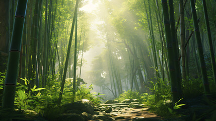 A tranquil bamboo forest with sunlight filtering 
