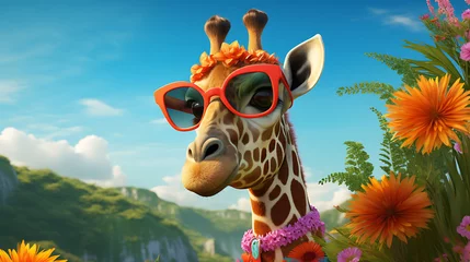 Foto auf Acrylglas Antireflex A digitally-generated scene featuring a debonair giraffe sporting trendy spectacles, gracefully posing amidst a backdrop of rolling hills and vibrant foliage © IzhaanXcreations07
