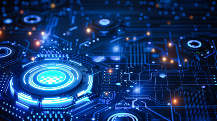 Advanced Computer Technology, Digital Circuit Board and Processor, Blue Background, Future of Computing