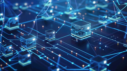 Isometric concept of quantum computers, blockchain, IT technology or coding. Information blocks in cyberspace.